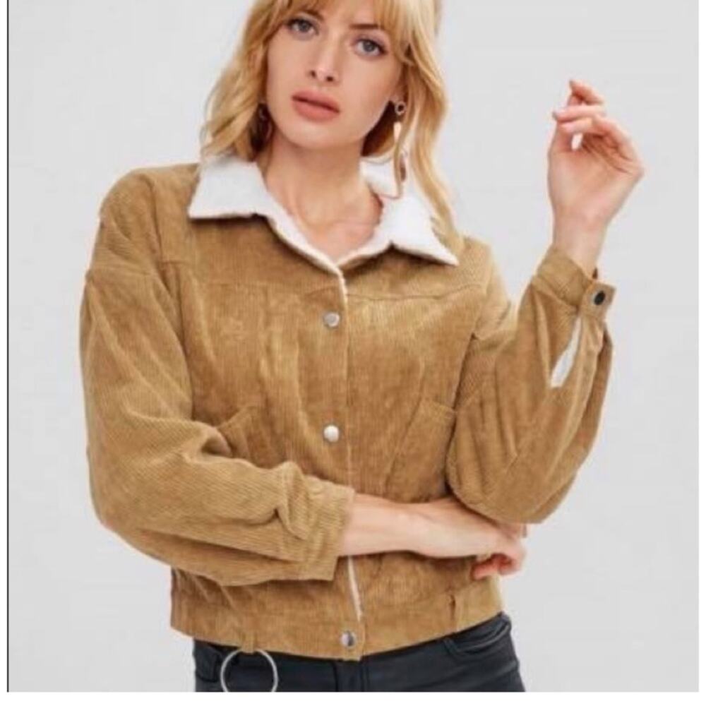 O’Neill Women Golden Caramel Sherpa Lined Corduroy Cropped Style Jacket Size L
